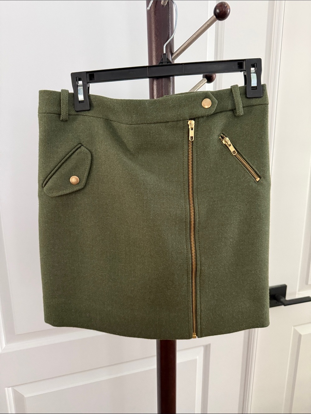 J. Crew wool Olive Mini Skirt with Gold Hardware